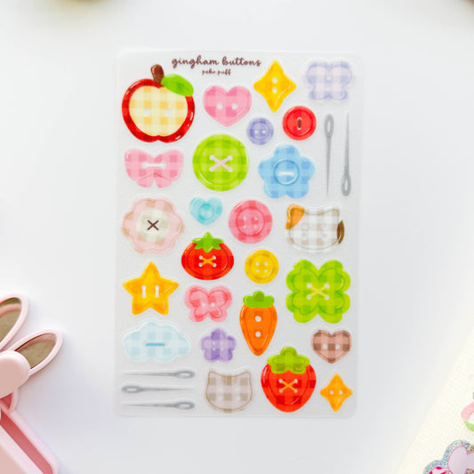 Gingham Buttons Clear Glittery Deco Sticker Sheet