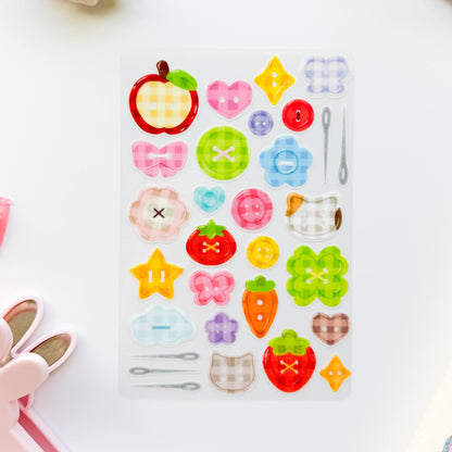 Gingham Buttons Clear Glittery Deco Sticker Sheet